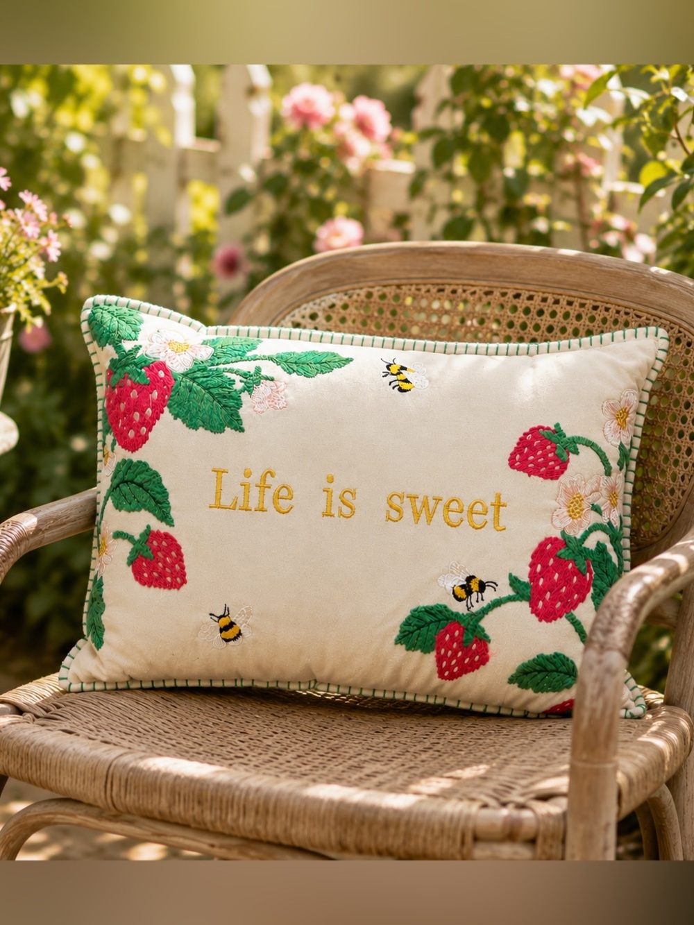 Life Is Sweet Strawberries & Bees Embroidered Accent Pillow Cream & Red 22”X15”